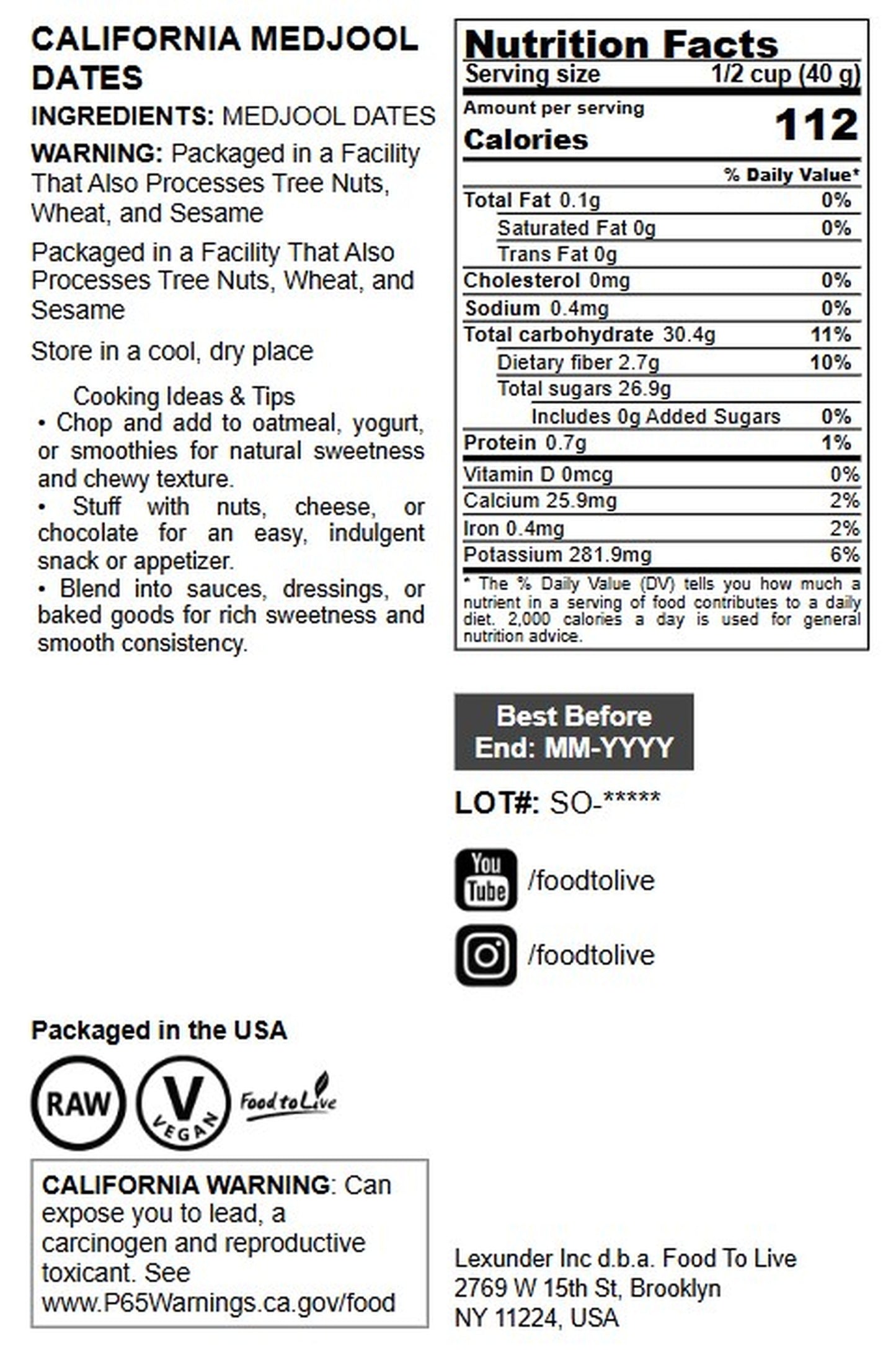 California Medjool Dates - by Food To Live