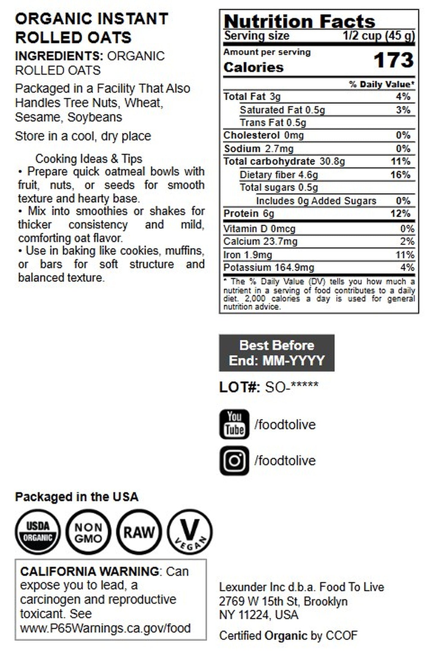 Organic Instant Rolled Oats - by Food To Live