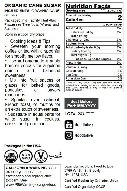 Organic Cane Sugar - by Food to Live