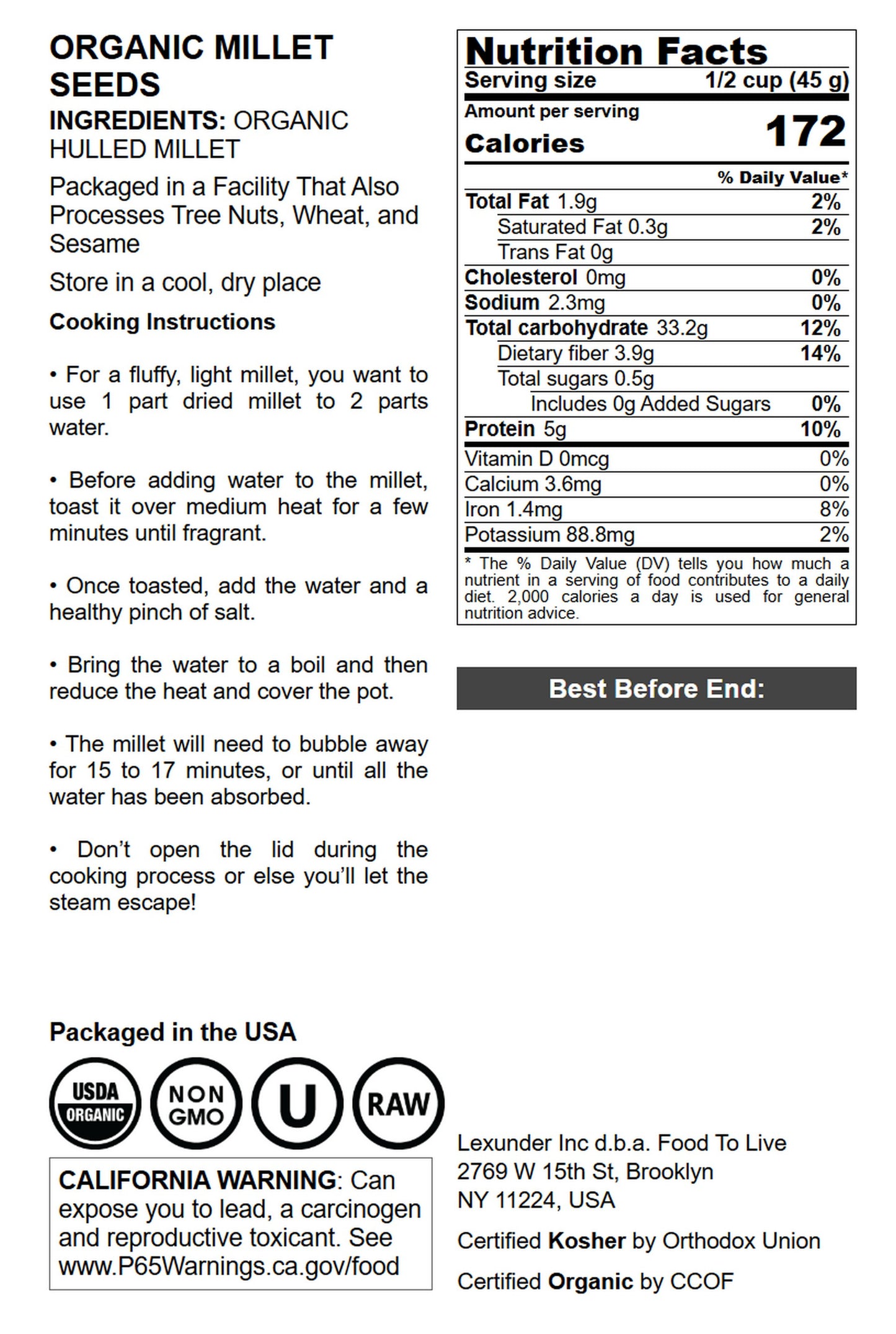 Organic Hulled Millet - by Food to Live