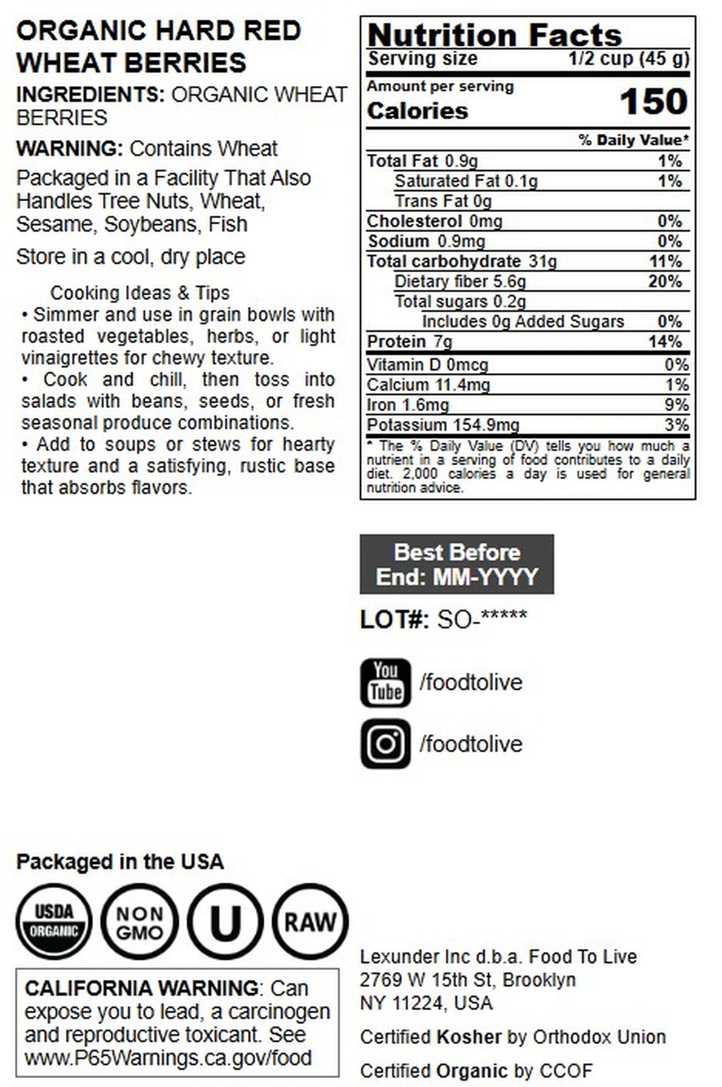 Organic Hard Red Wheat Berries - by Food To Live