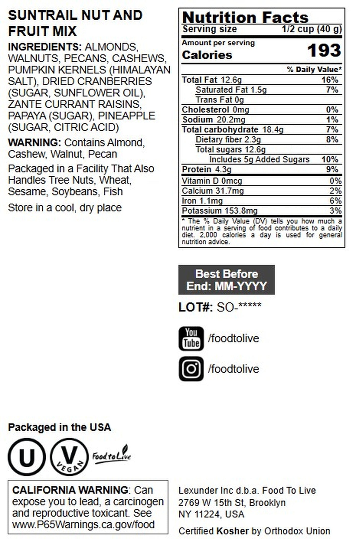 Suntrail Nut and Fruit Mix - Kosher, Vegan, Bulk - by Food to Live