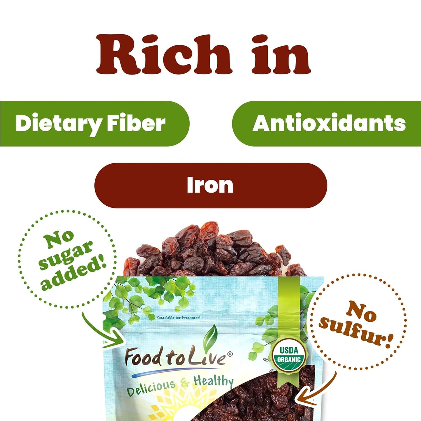 Organic Sultana Raisins — Non-GMO, Unsweetened, Unsulfured, Lightly Coated with Organic Sunflower Oil, Vegan, Paleo Friendly, Bulk. No Sugar Added. Vitis Vinifera Linne