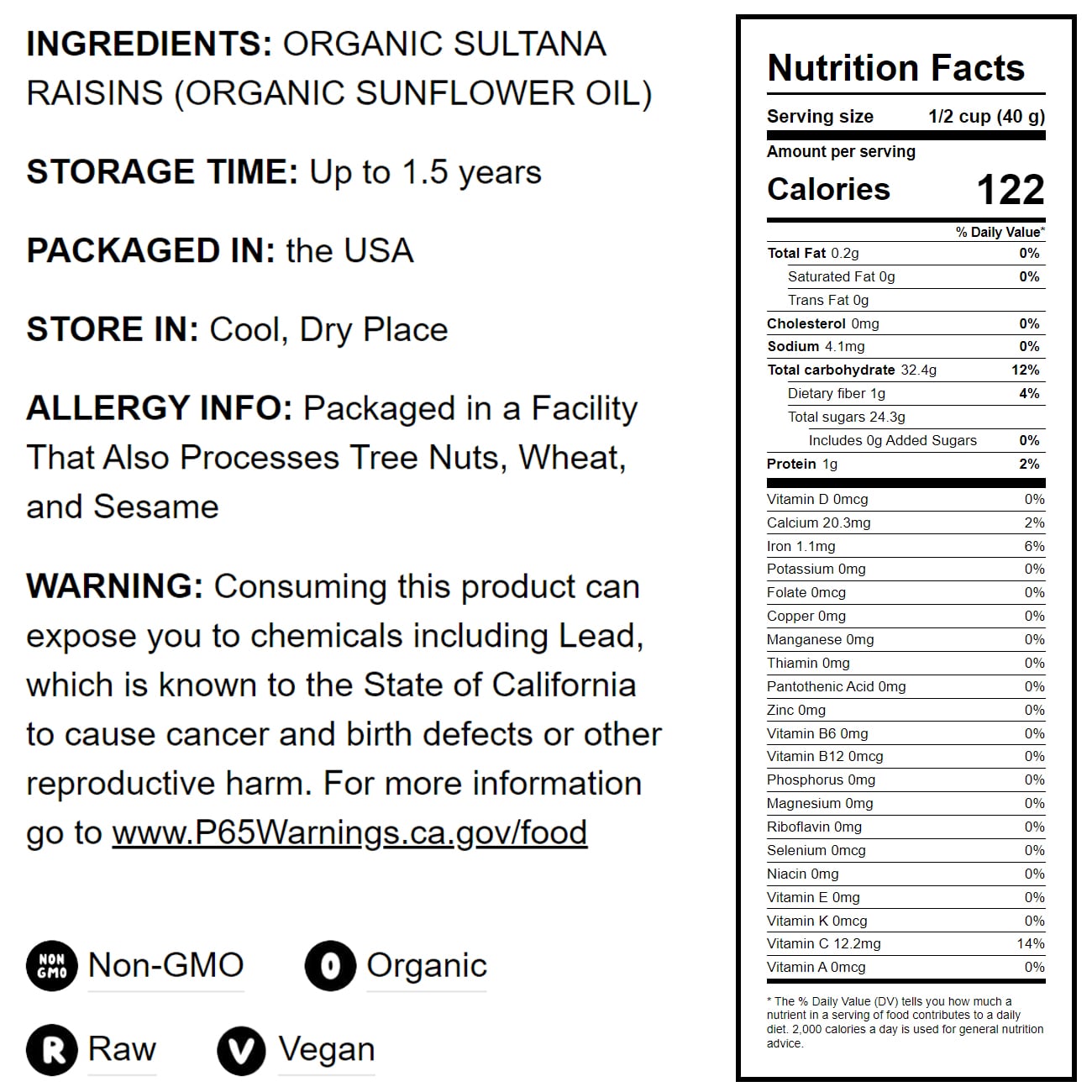 Organic Sultana Raisins — Non-GMO, Unsweetened, Unsulfured, Lightly Coated with Organic Sunflower Oil, Vegan, Paleo Friendly, Bulk. No Sugar Added. Vitis Vinifera Linne