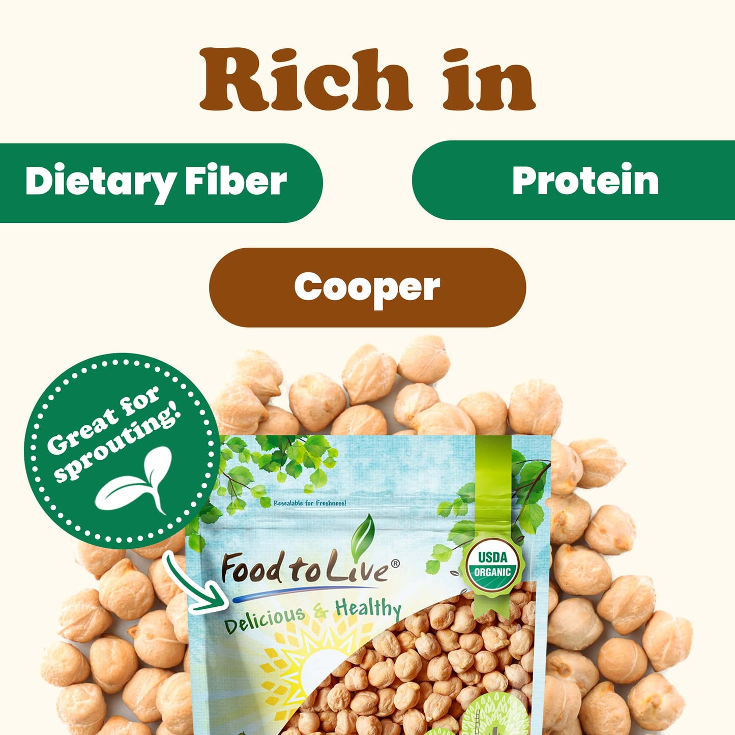 Organic Garbanzo Beans / Dried Chickpeas - Non-GMO, Kosher, Raw, Bulk - by Food to Live