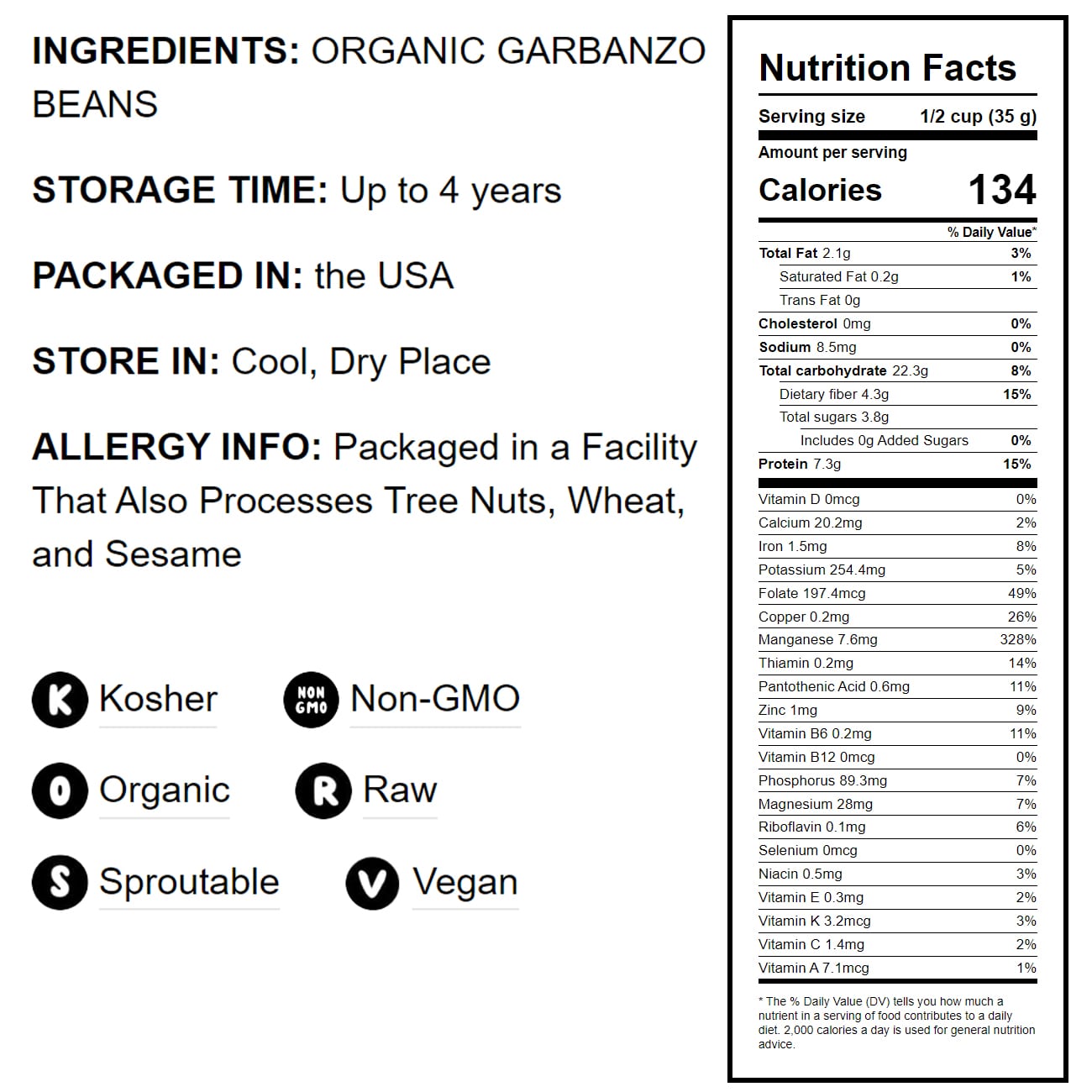 Organic Garbanzo Beans / Dried Chickpeas - Non-GMO, Kosher, Raw, Bulk - by Food to Live