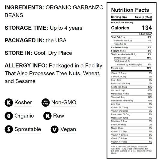 Organic Garbanzo Beans / Dried Chickpeas - Non-GMO, Kosher, Raw, Bulk - by Food to Live