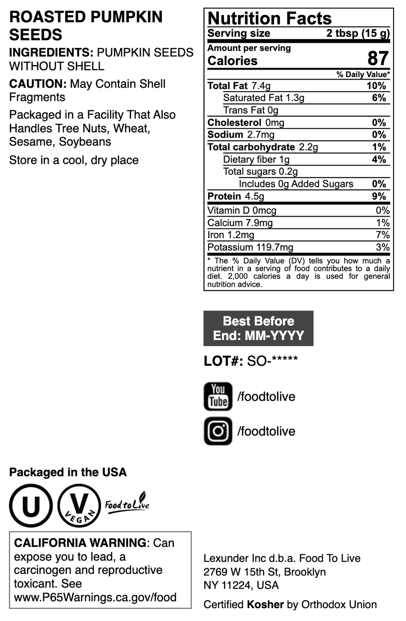 Dry Roasted Pumpkin Seed Kernels - by Food To Live