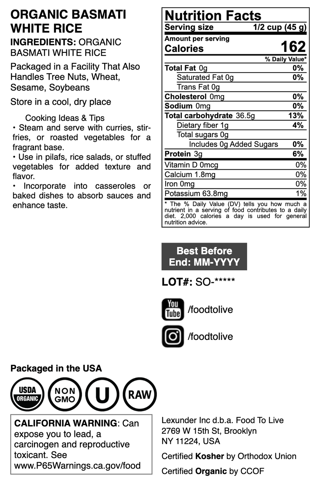Organic Basmati White Rice - by Food To Live