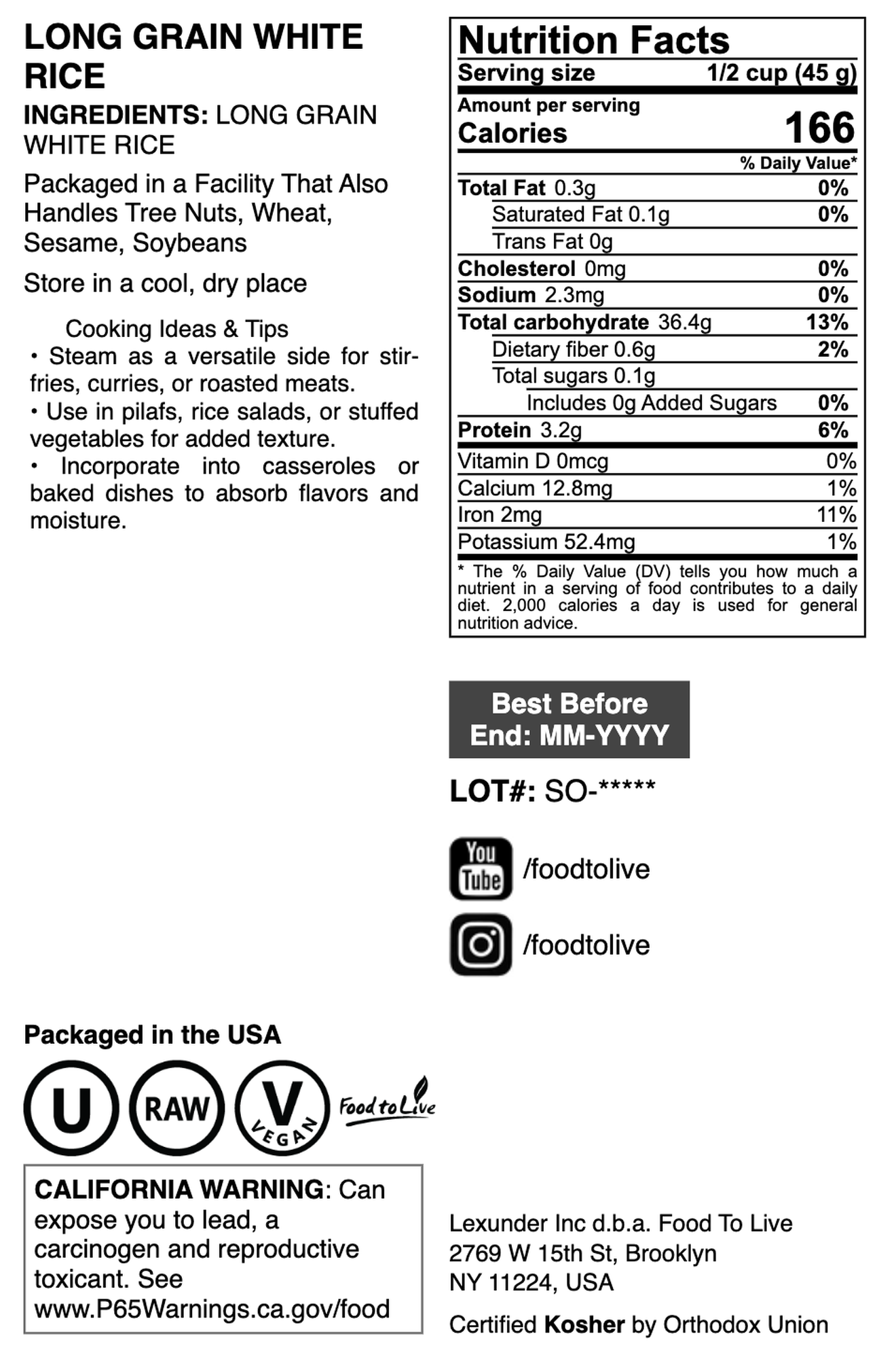 Long Grain White Rice - by Food To Live