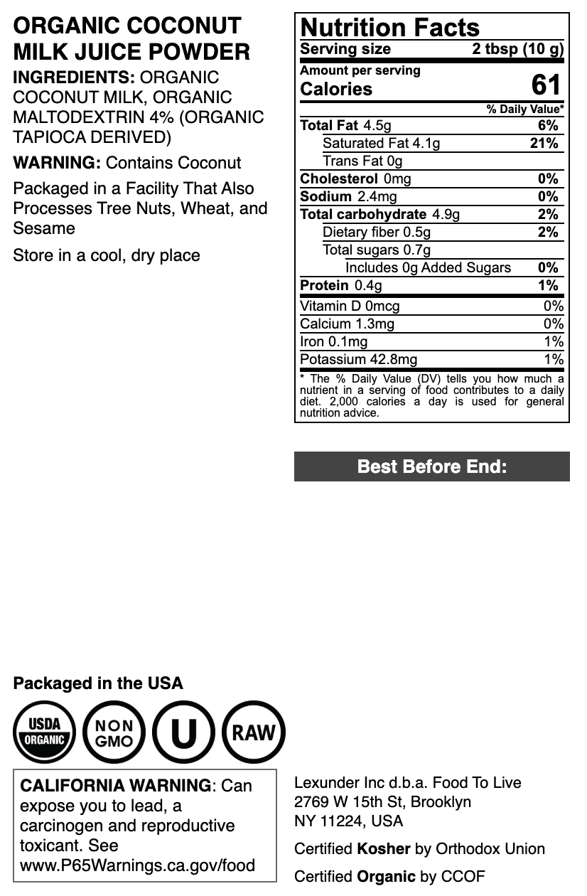 Organic Coconut Milk Juice Powder - by Food To Live