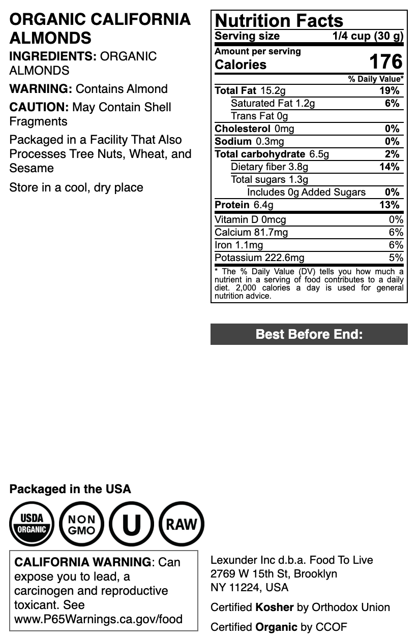 Organic California Almonds -  by Food to Live