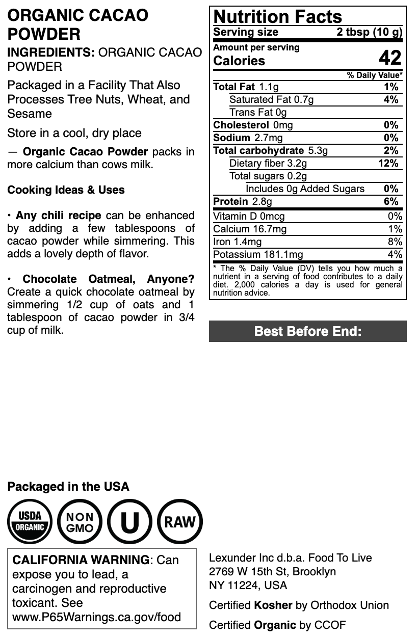 Organic Cacao Powder - by Food To Live