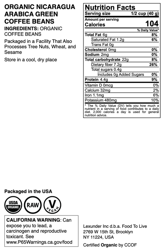 Organic Nicaragua Arabica Green Coffee Beans - by Food to Live