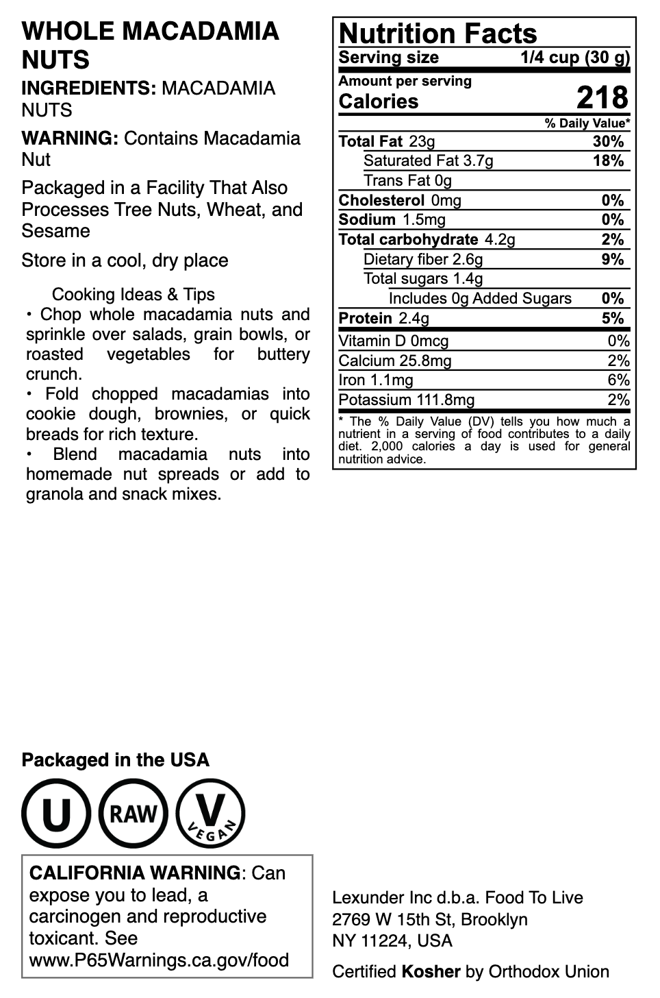 Whole Macadamia Nuts - by Food To Live