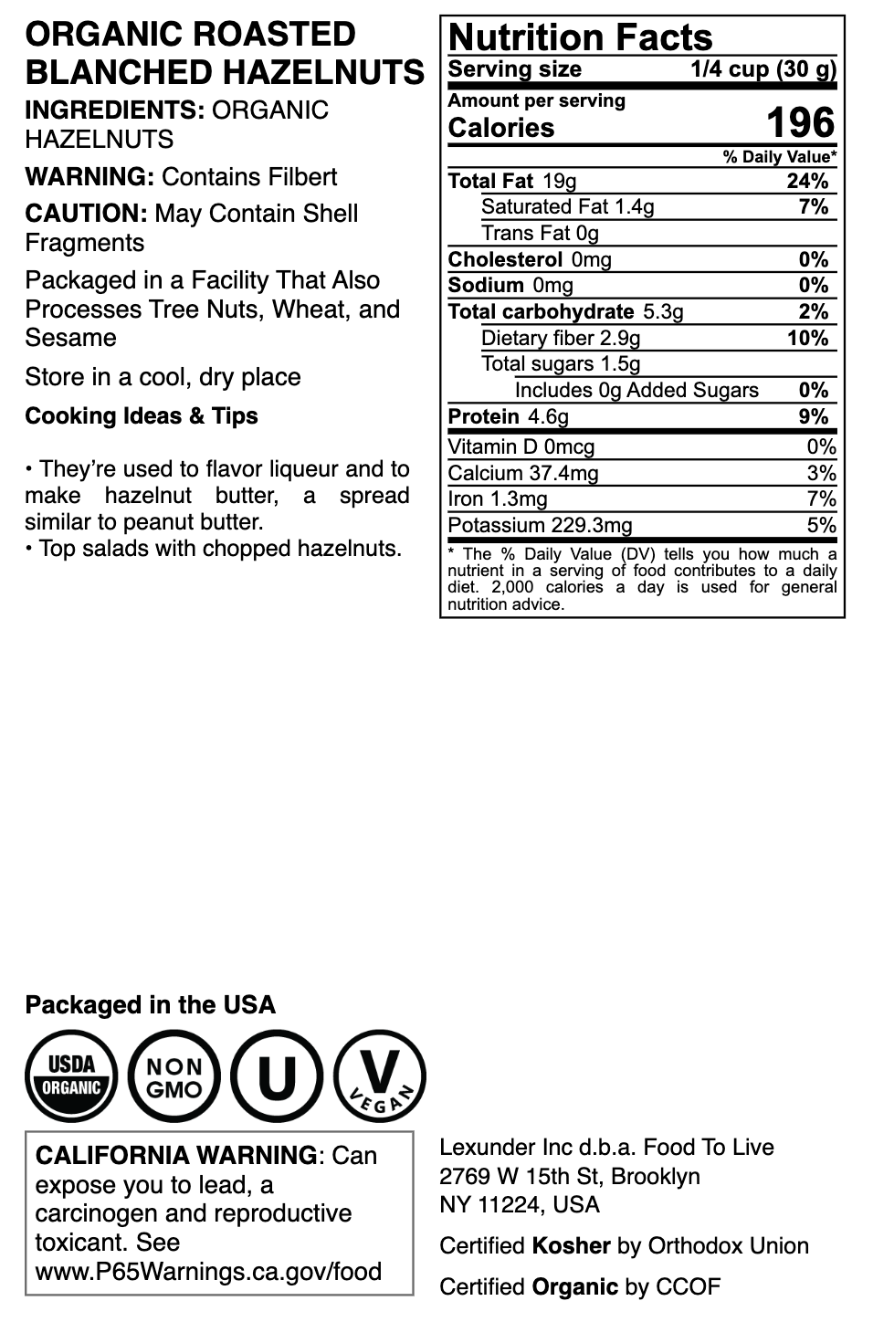 Organic Blanched Roasted Hazelnuts - by Food To Live