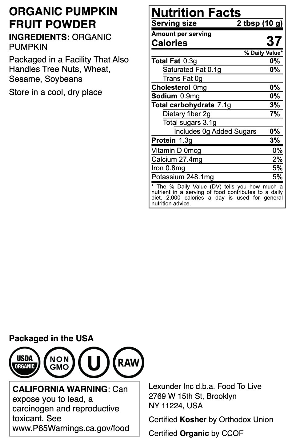 Organic Pumpkin Fruit Powder - by Food To Live