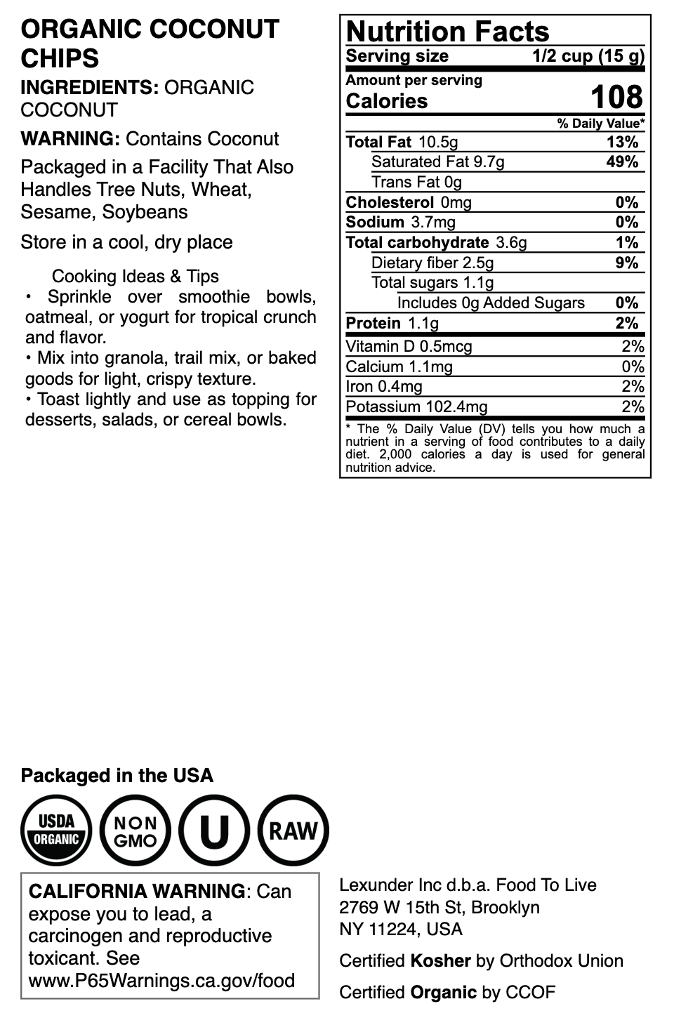 Organic Coconut Chips - by Food To Live