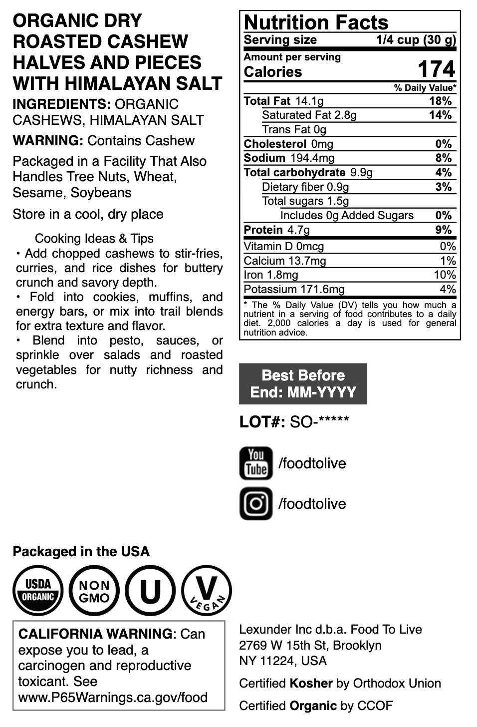 Organic Dry Roasted Cashew Halves and Pieces with Himalayan Salt - by Food To Live