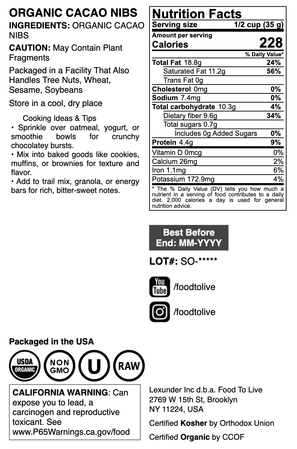 Organic Cacao Nibs - by Food To Live