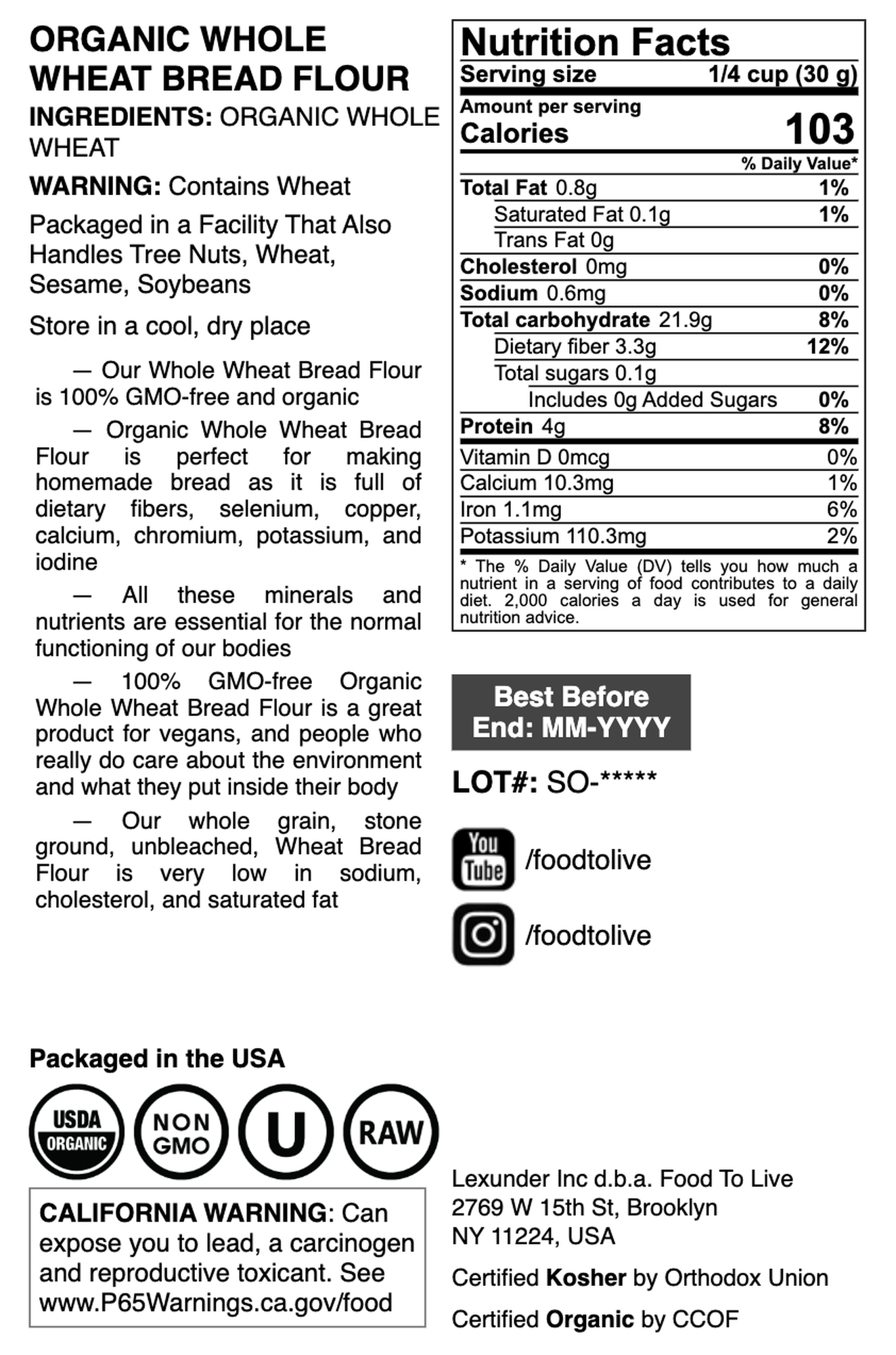 Organic Whole Wheat Bread Flour - by Food To Live