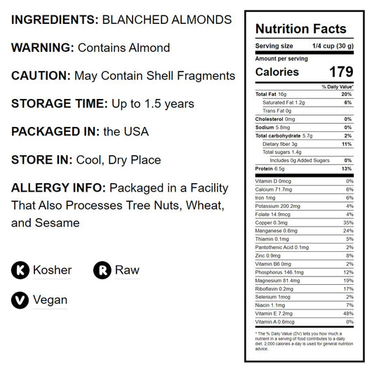 Blanched Almonds — Whole, Non-GMO Verified, Kosher, Raw, Vegan - by Food to Live