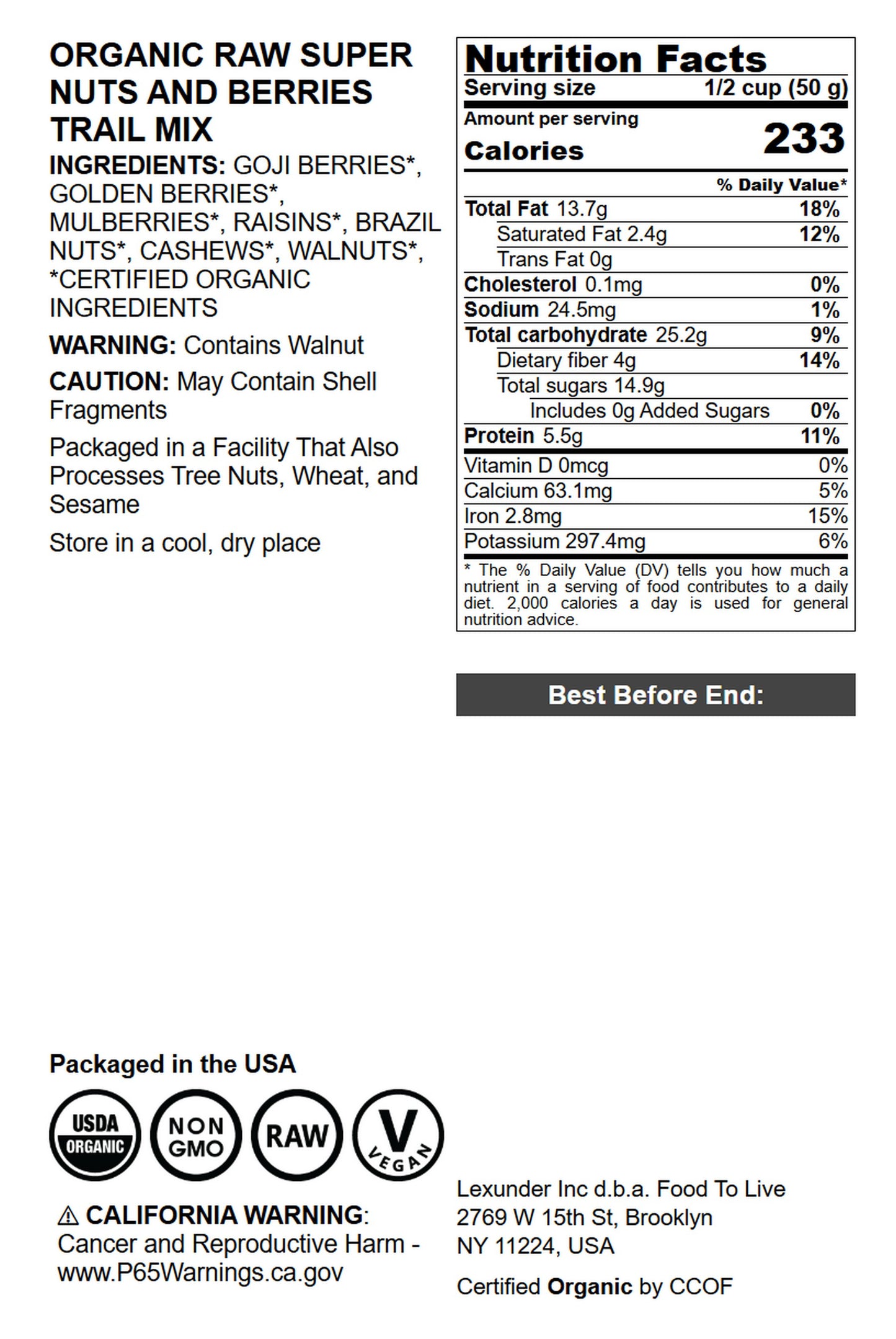 Organic Raw Super Nuts and Berries Trail Mix — Cashews,Walnuts,Brazil Nuts,Raisins,Mulberries,Golden Berries,Goji Berries - by Food to Live