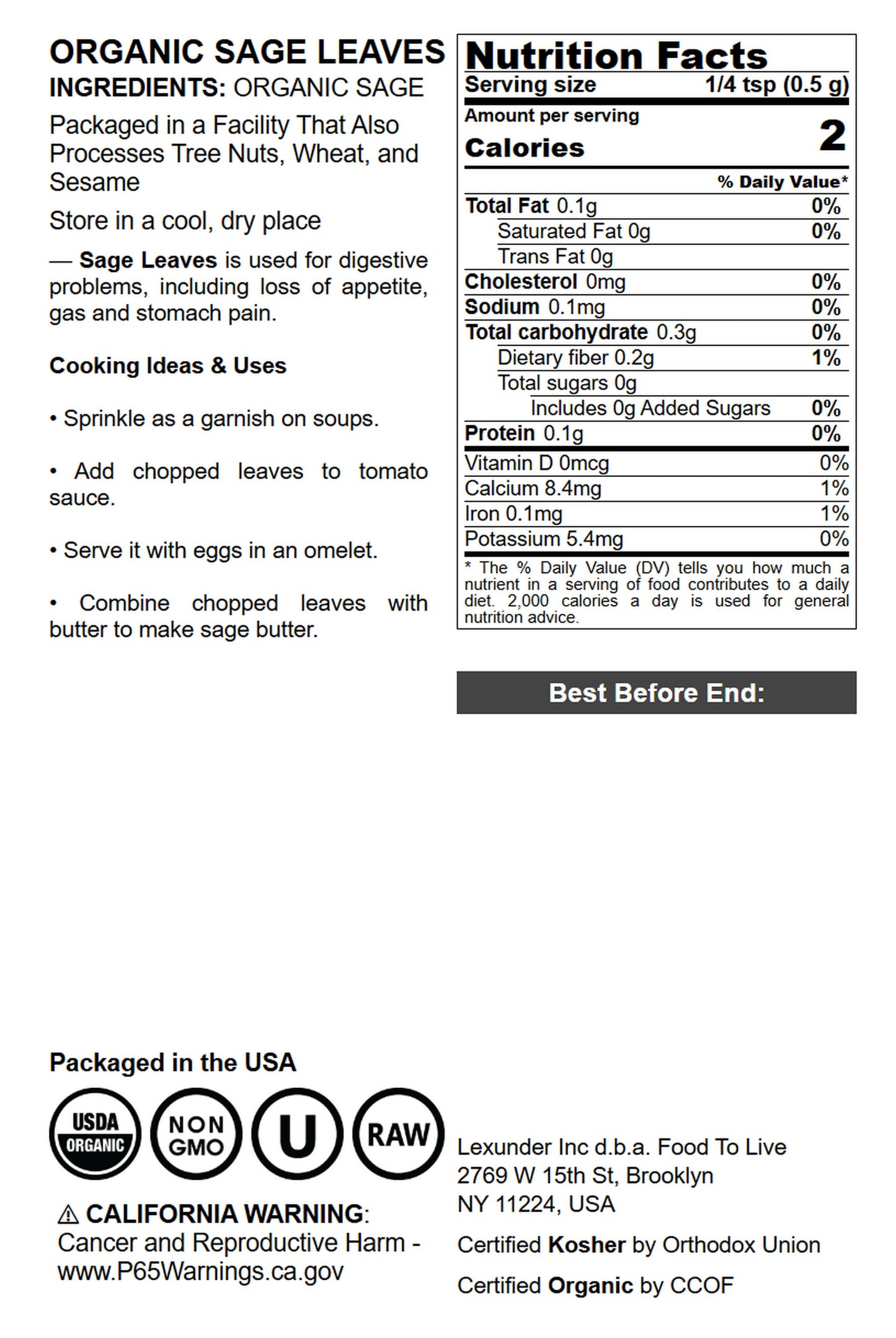 Organic Rubbed Sage Leaves - by Food To Live