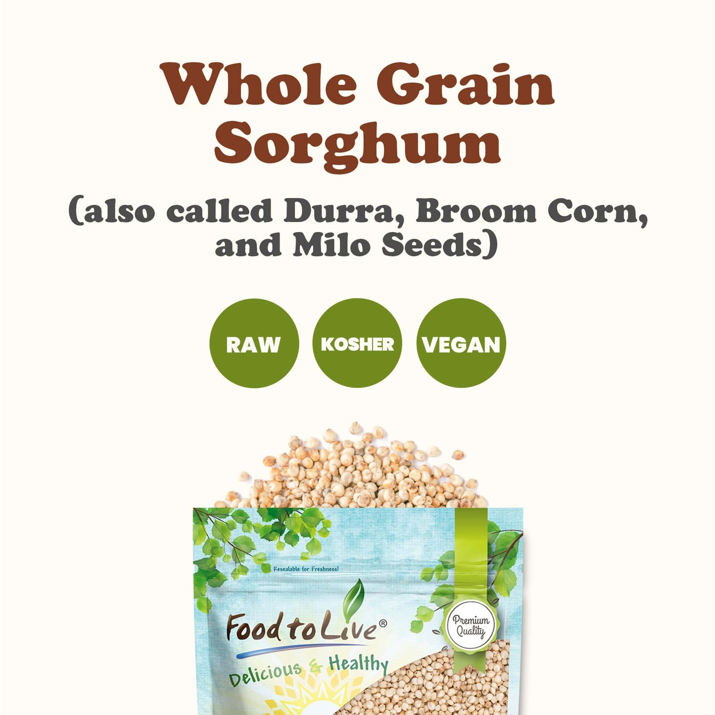 Whole Grain Sorghum — Premium White Groats. Raw Milo Seeds. Vegan, Bulk Broom-corn. Durra is Great for Making Flour and Popped Jowar Dhani