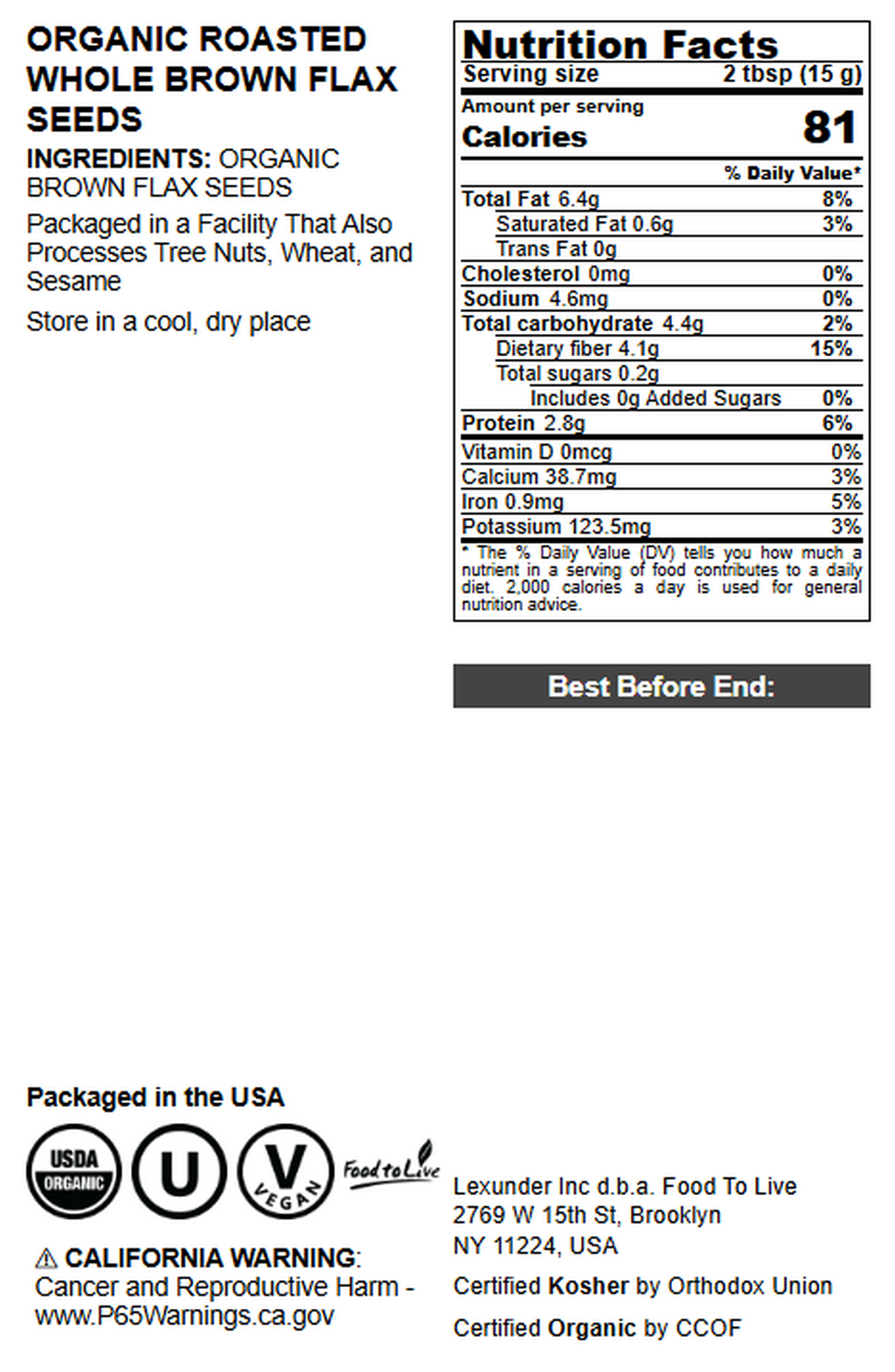 Organic Roasted Whole Brown Flax Seeds – Vegan, Kosher, Bulk – by Food to Live