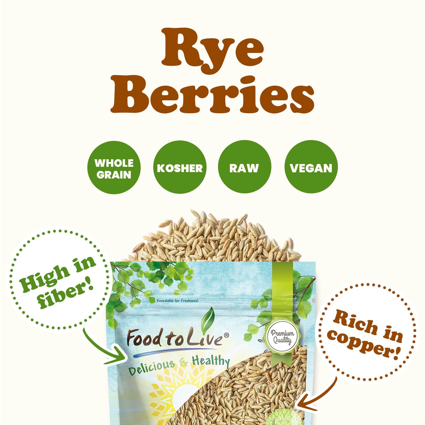Rye Berries – Whole Grain Powerhouse for Bread, Sourdough, Porridge, and Granola. Rich in Fiber and Nutrients. Raw, Unprocessed, Vegan, Kosher, Seeds in Bulk