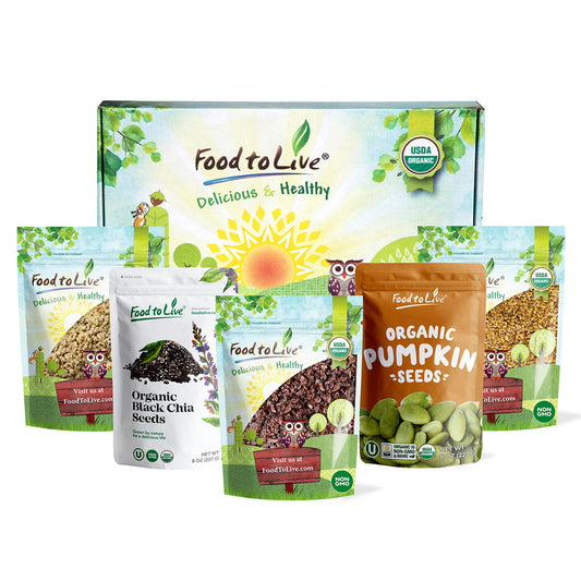 Organic Superfoods in a Gift Box - A Variety Pack of Pumpkin Seeds, Hemp Seeds, Chia Seeds, Golden Flax Seeds, Cacao Nibs - by Food to Live