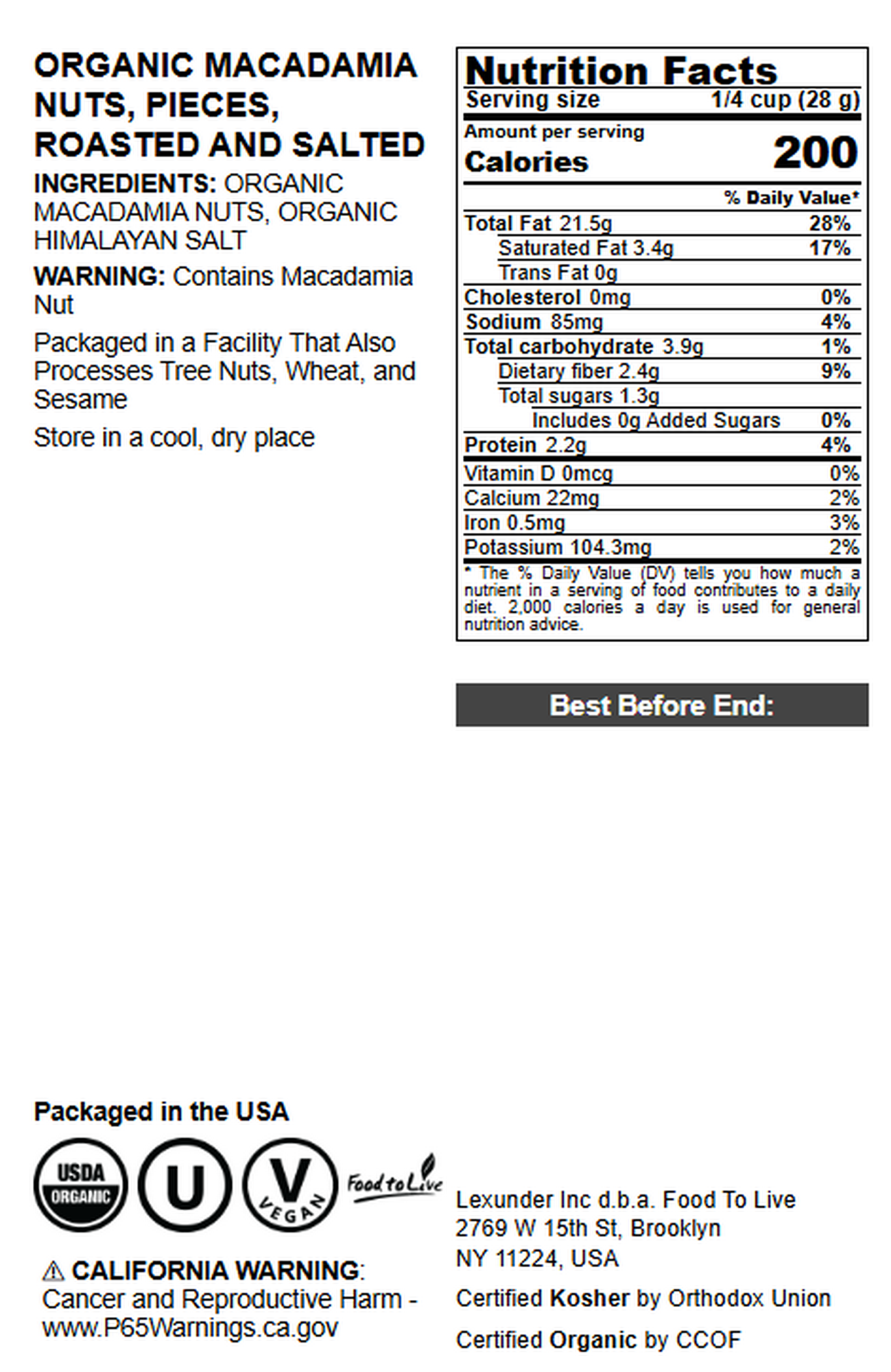 Organic Macadamia Nuts, Pieces, Roasted and Salted - by Food to Live