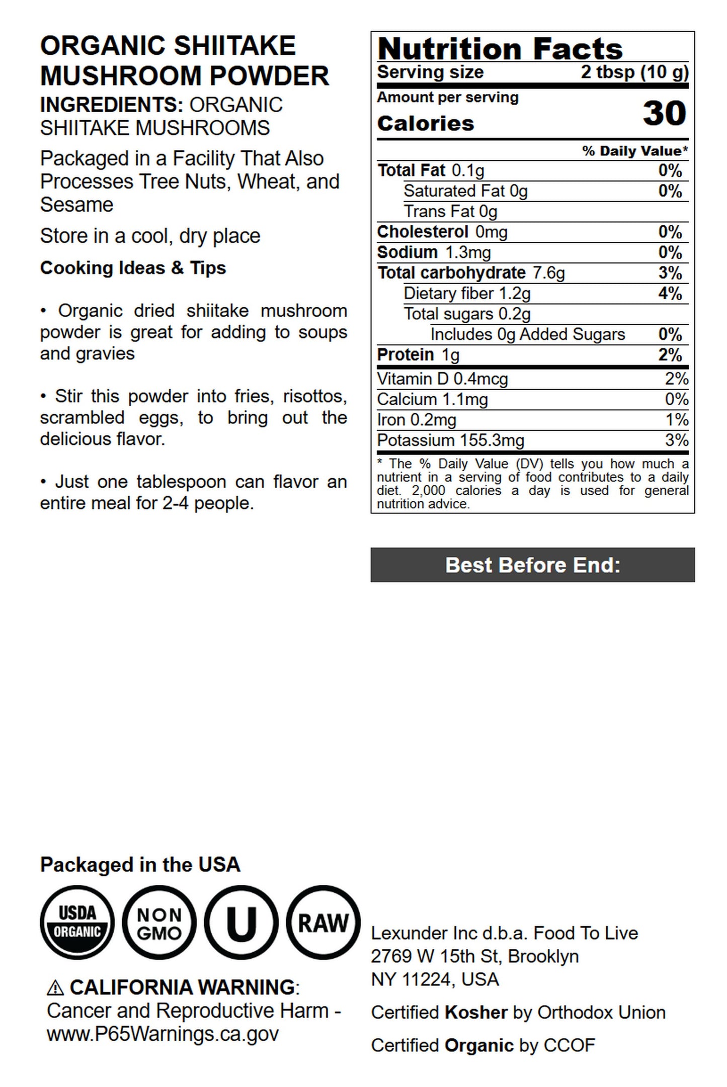 Organic Shiitake Mushroom Powder - by Food To Live