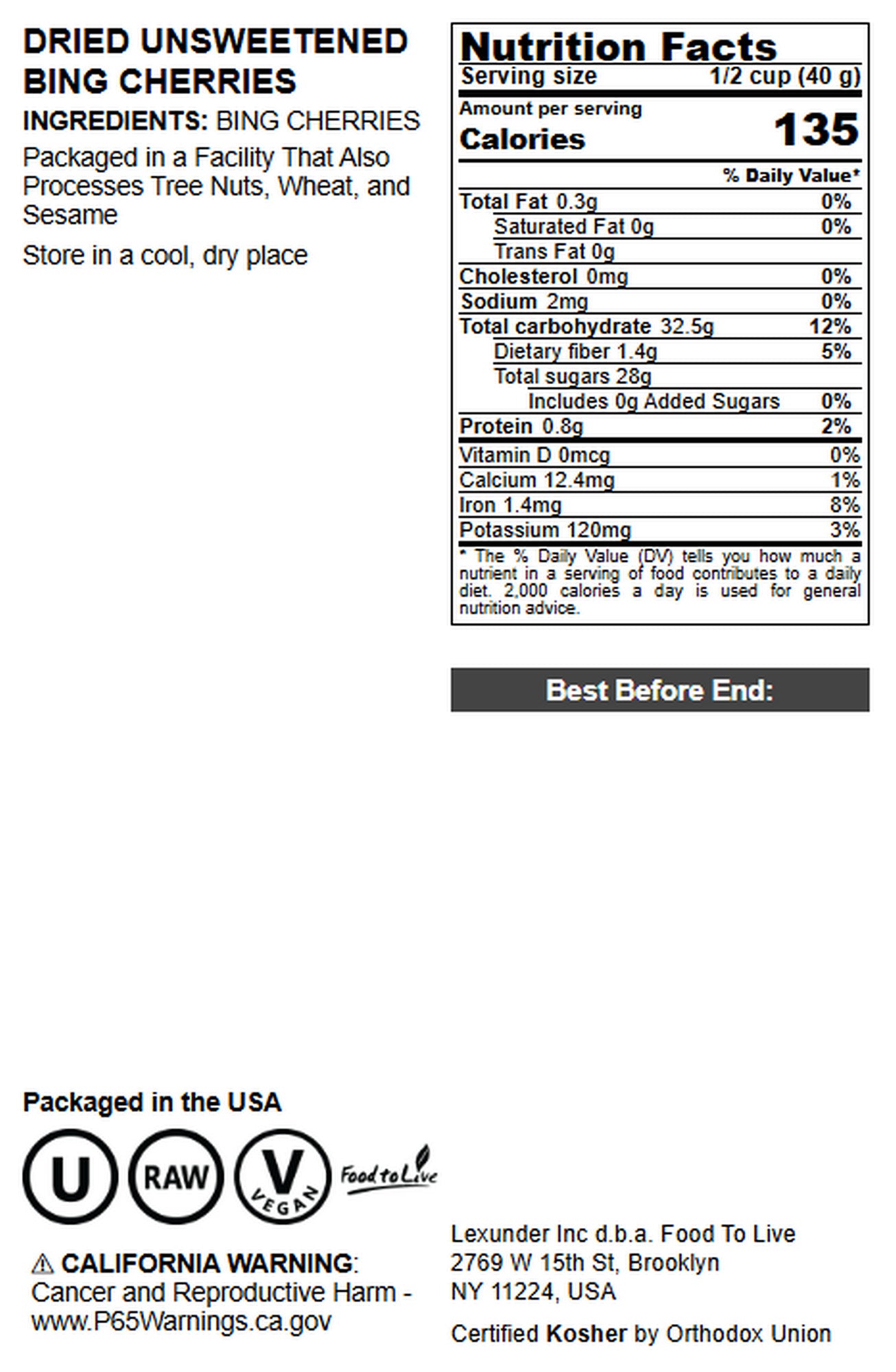 Dried Unsweetened Bing Cherries - by Food to Live