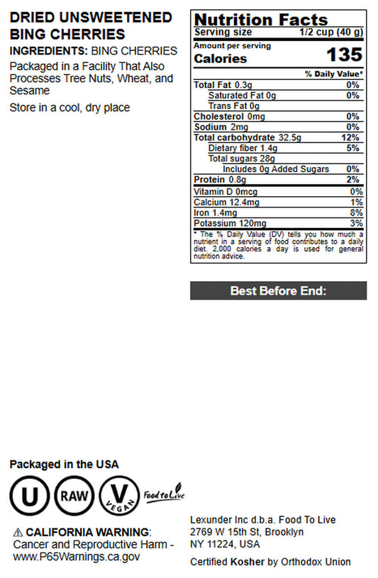 Dried Unsweetened Bing Cherries - by Food to Live