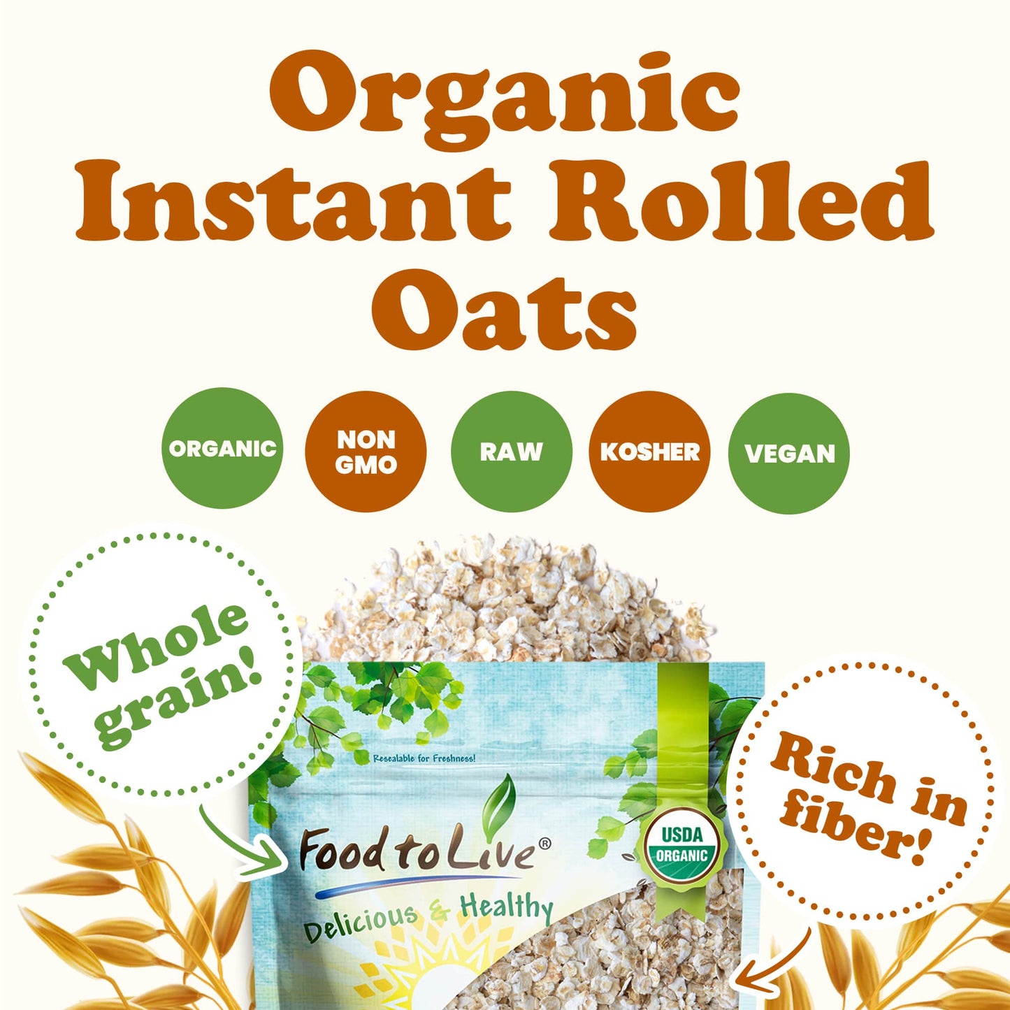 Organic Instant Rolled Oats – Ready in 1 Minute Non-GMO Whole Grain Oatmeal. Good Source of Fiber and Protein. Great Quick Cook and Overnight Oats for Nutritious Breakfast