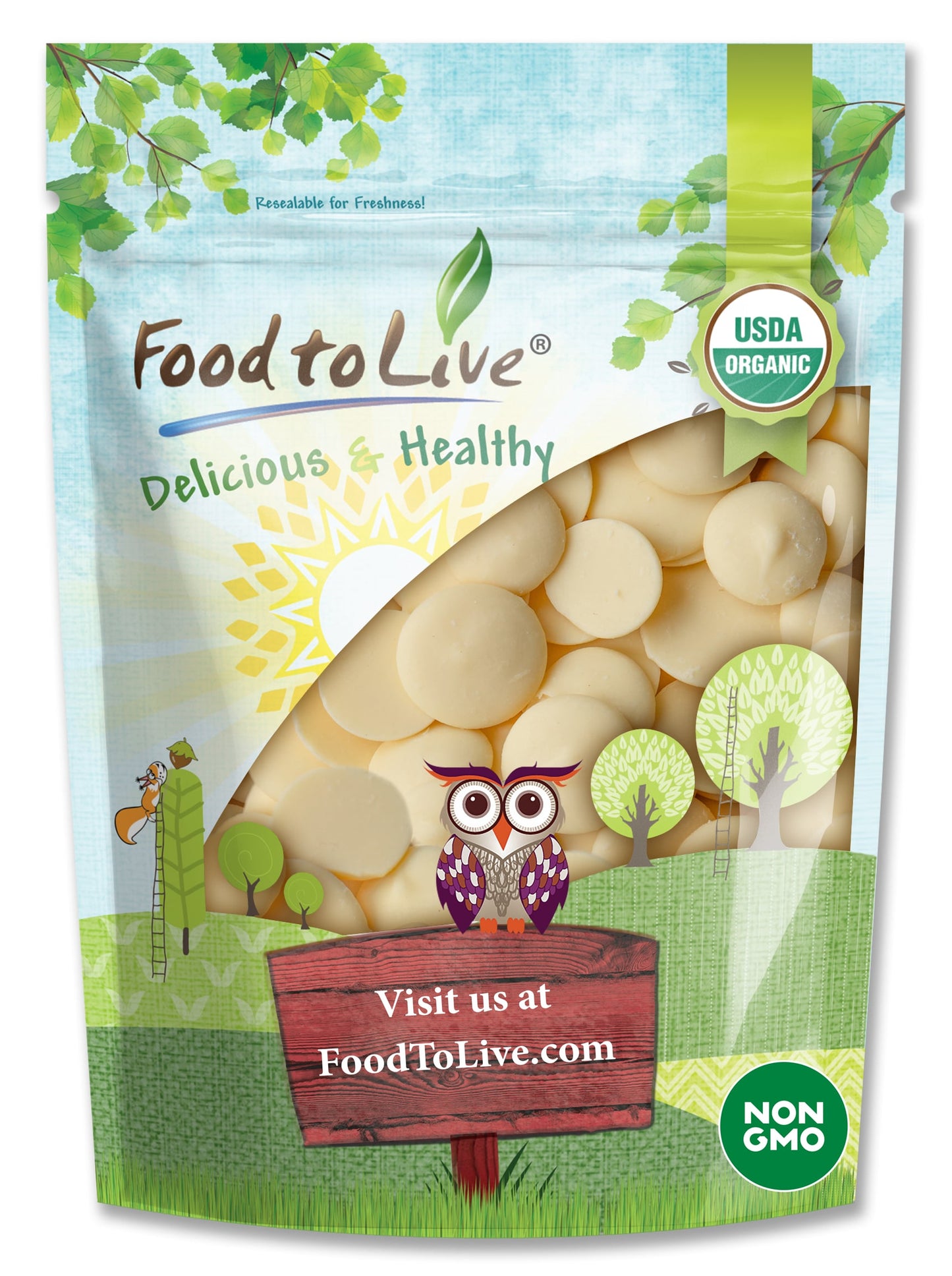 Organic Cacao Butter Wafers – Non-GMO, Raw, Pure, Unfiltered, Unrefined, Keto, Vegan, Bulk, Made Using a Cold Pressing – by Food to Live