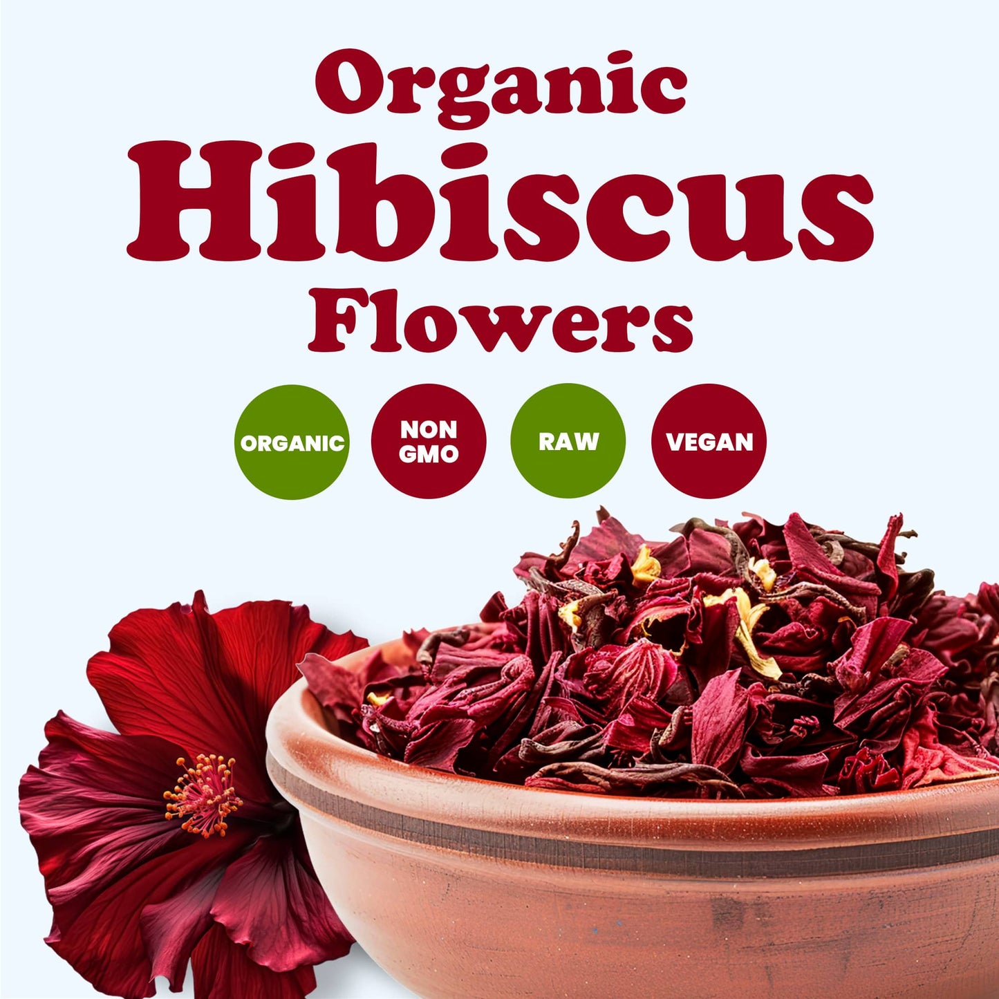 Organic Hibiscus Flowers – Whole Petals. Great for Herbal Tea. Non-GMO. Caffeine-free. Dried Calyces of Flor de Jamaica. Good Source of Vitamin C. Roselle in Bulk. Kosher