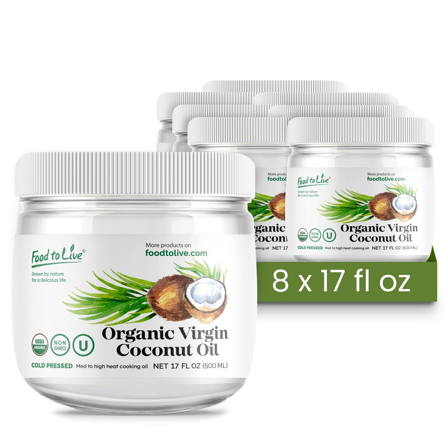 Organic Virgin Coconut Oil, 17 fl oz (500 ml) - Non-GMO, Raw, Pure, Cold-Pressed, Unrefined, Vegan, Bulk, Great for Hair, Skin and Cooking