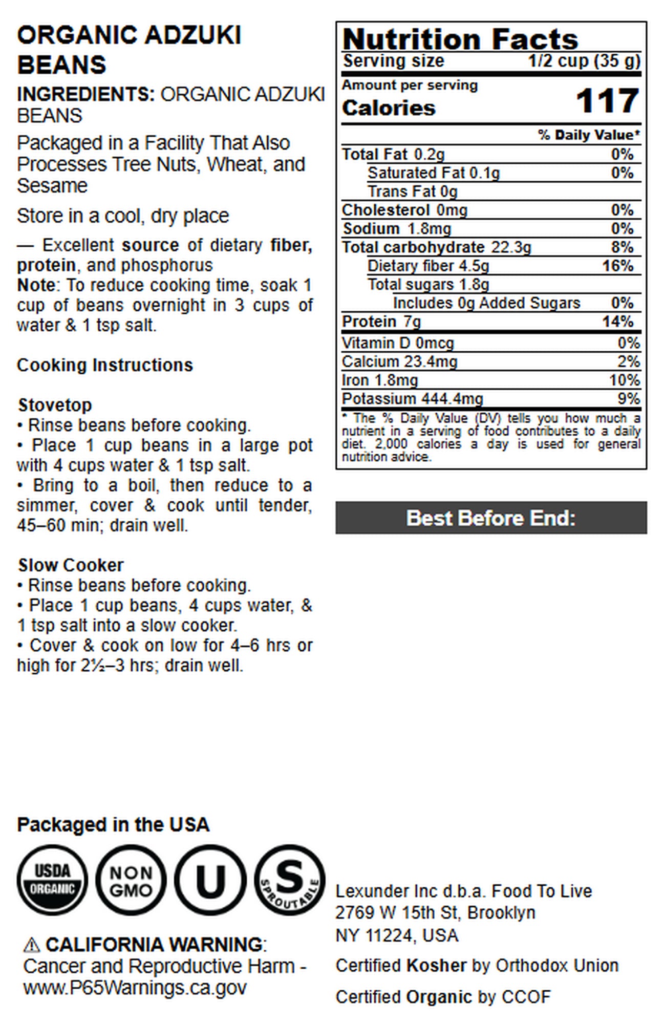 Organic Adzuki Beans - by Food To Live