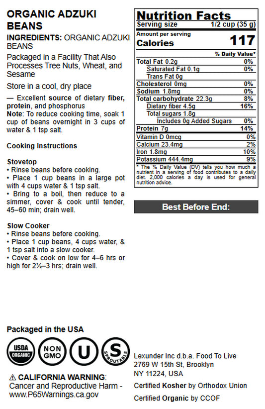 Organic Adzuki Beans - by Food To Live