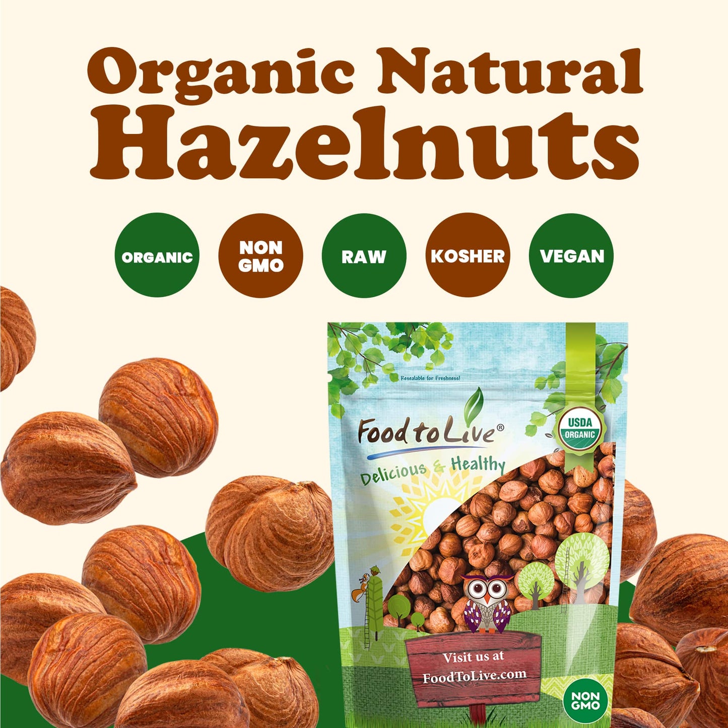 Organic Hazelnuts / Filberts - Non-GMO, Kosher, Raw, No Shell, Bulk - by Food to Live