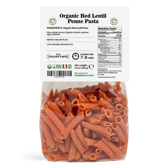 Organic Red Lentil Penne Pasta, 8.8 OZ – Non-GMO, Single Ingredient.  Vegan. Made in Italy.