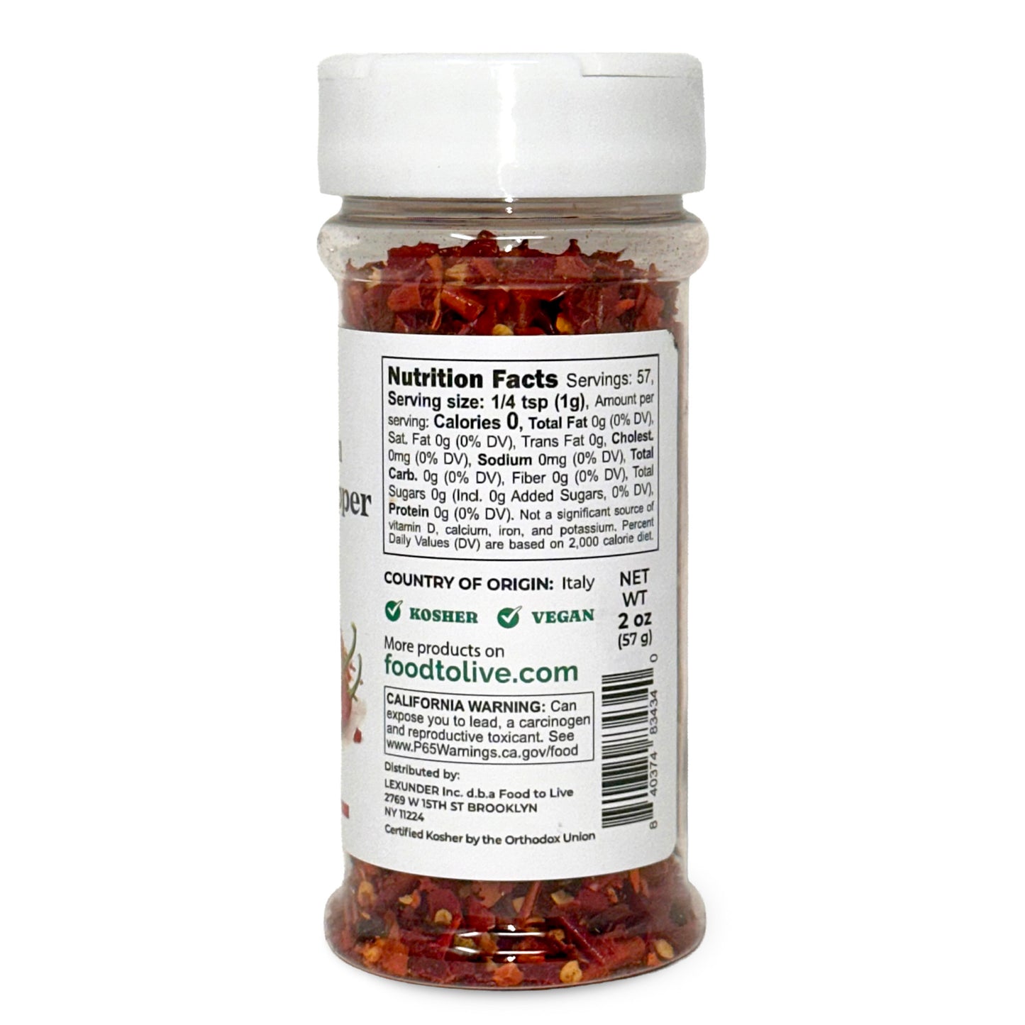 Calabrian Hot Chili Pepper Flakes, 2 oz – All Natural Vegan, Kosher – by Food to Live