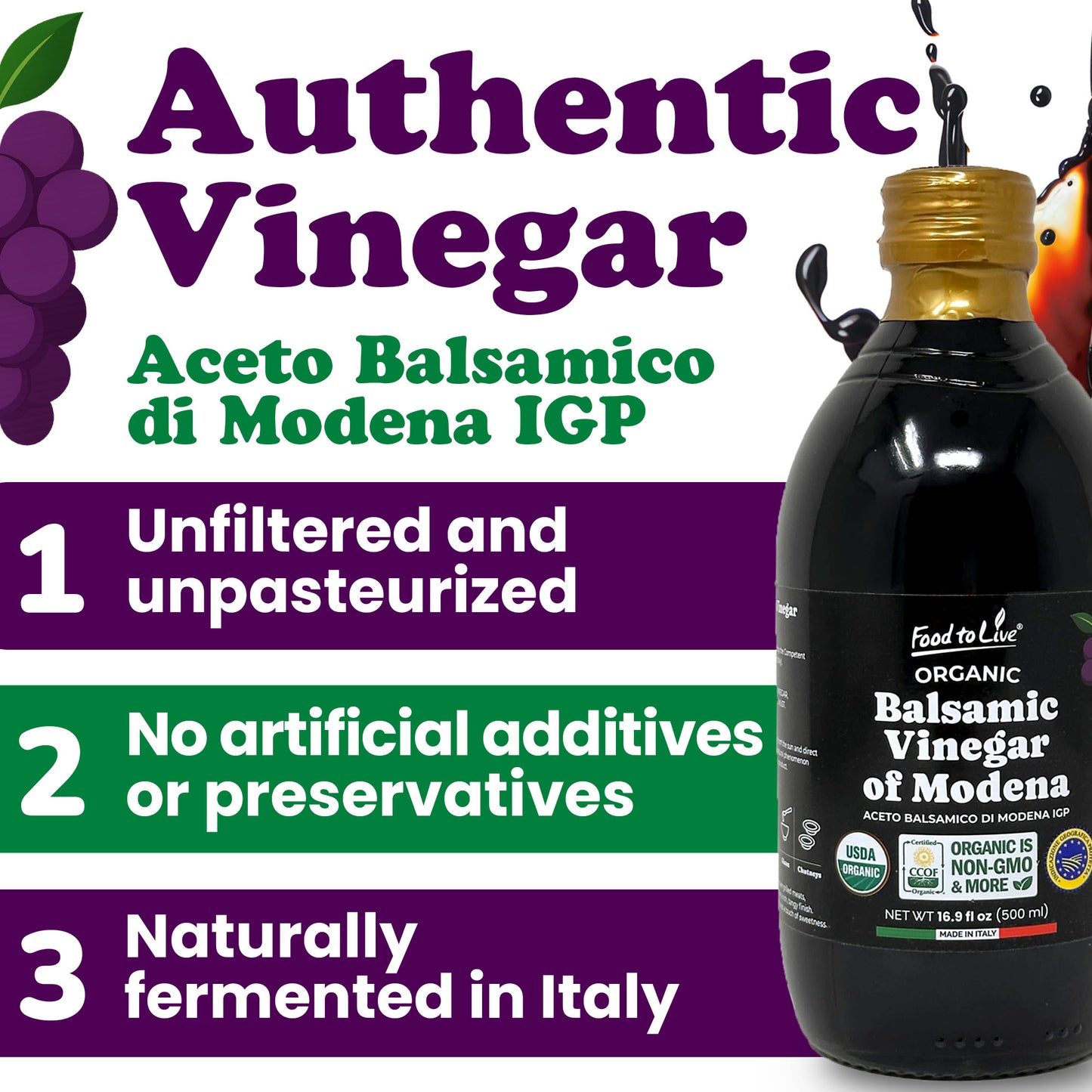 Organic Balsamic Vinegar of Modena - 16.9 fl oz (500 ml) - by Food To Live