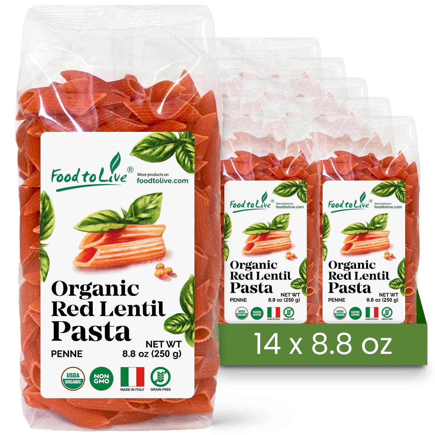 Organic Red Lentil Penne Pasta, 8.8 OZ – Non-GMO, Single Ingredient.  Vegan. Made in Italy.