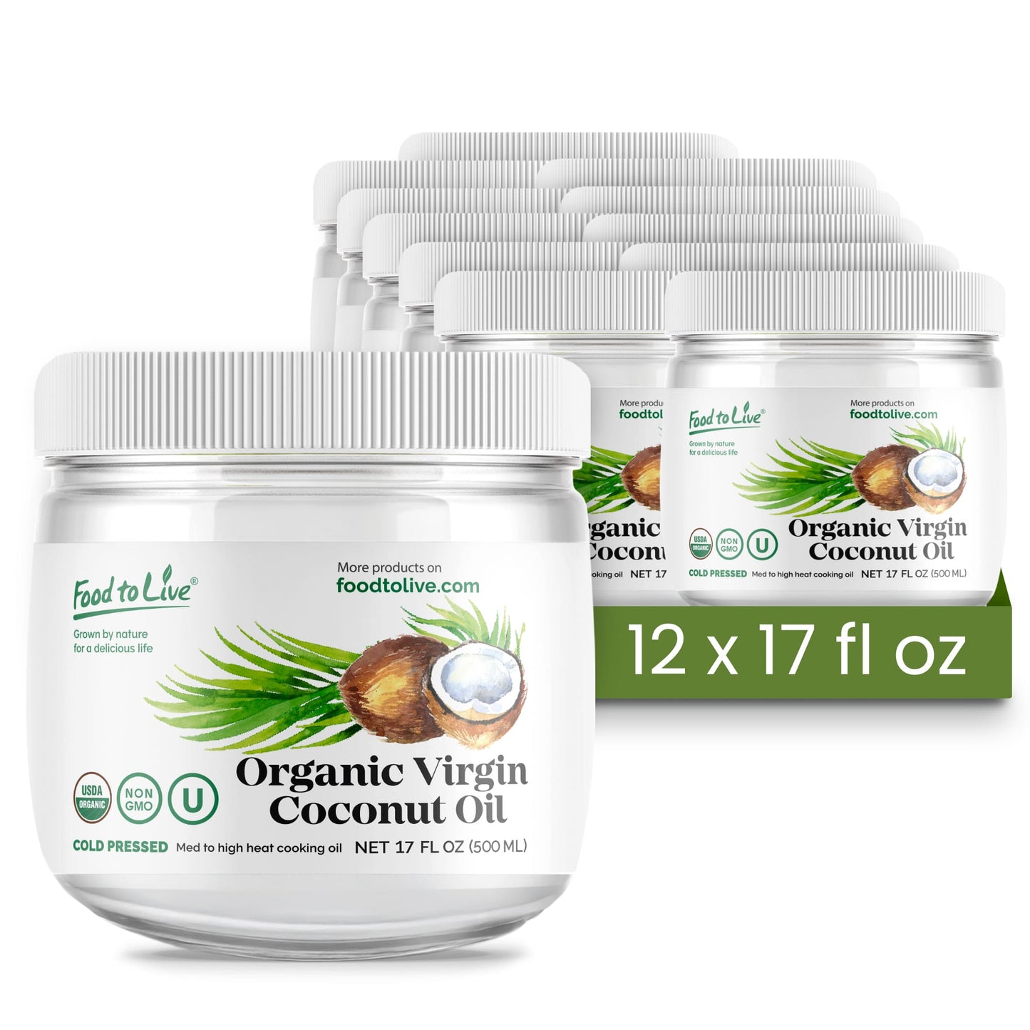 Organic Virgin Coconut Oil, 17 fl oz (500 ml) - Non-GMO, Raw, Pure, Cold-Pressed, Unrefined, Vegan, Bulk, Great for Hair, Skin and Cooking