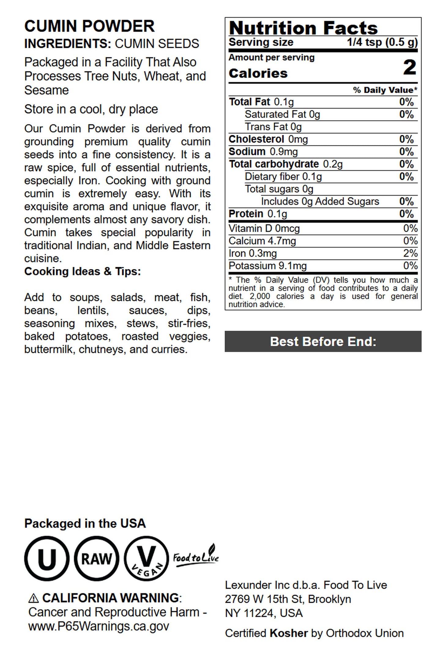 Cumin Powder — Non-GMO Verified, Finely Ground Dried Cumin Seeds, Jeera, Bulk, Vegan, Kosher. High in Iron, Magnesium, and Calcium. Great for Mexican, Middle Eastern, and Indian Cuisines