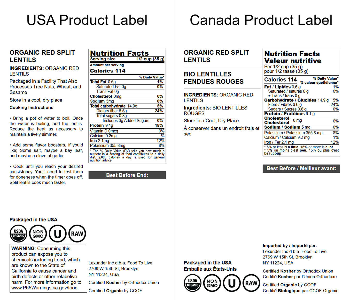 Organic Red Split Lentils - by Food To Live